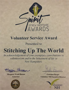 Spirit of NH Award Certificate for Stitching Up The World